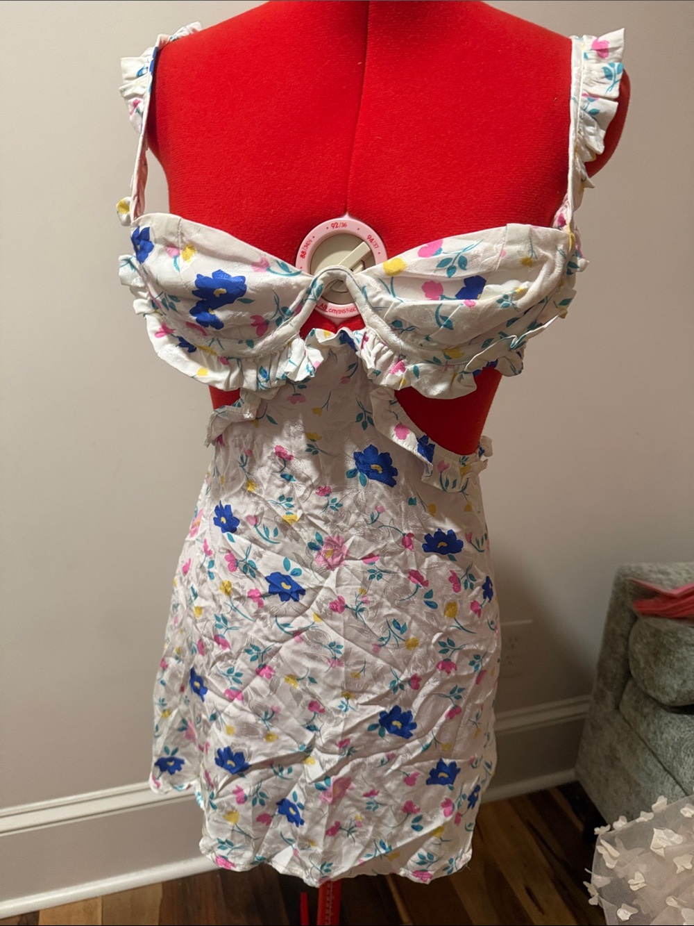 For Love And Lemons White Chemise with Blue & Pink Floral Print
